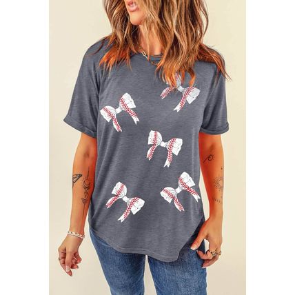 Gray Rugby Bow Knot Print Crewneck Casual T Shirt