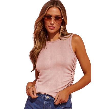 Apricot Pink Plain Ruched Side Slim Tank Top