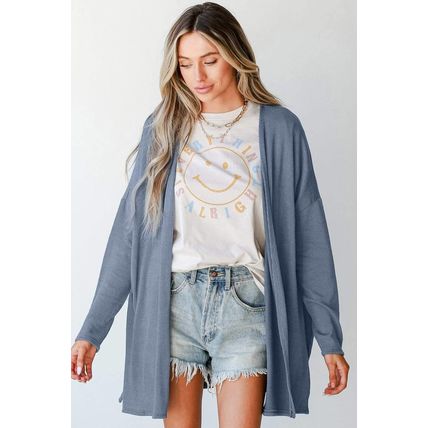 Ashleigh Blue Solid Color Rib Knit Open Front Tunic Cardigan