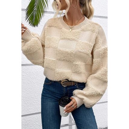 Parchment Checkered Sherpa Crew Neck Loose Sweater