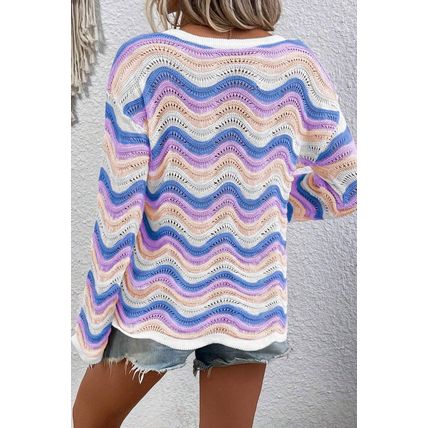 Purple Stripe Wavy Pointelle Knit Drop Shoulder Sweater