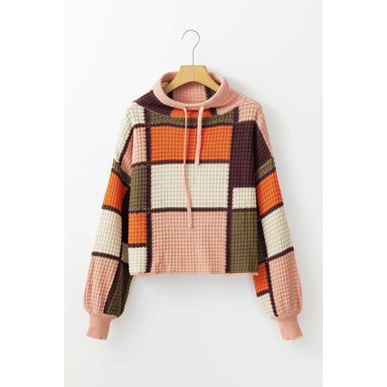 Orange Color Block Waffle Knit Drawstring Mock Neck Sweater
