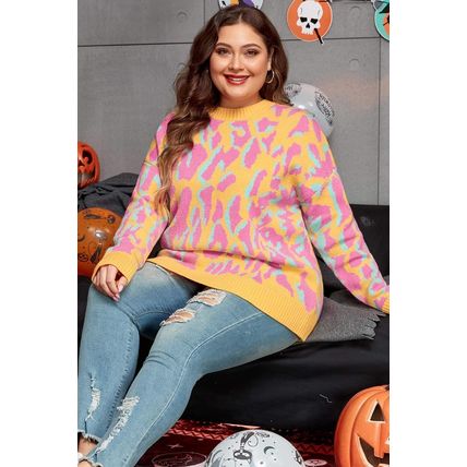 Bright Pink Plus Size Leopard Ribbed Trim Sweater