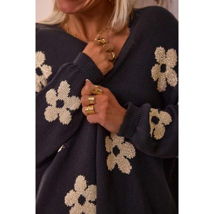 Black Floral Print Knitted Open Front Loose Cardigan