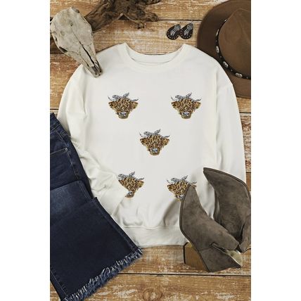 White Sequin Heifer Patched Drop Shoulder Sweatshirt