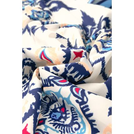 Blue Ethnic Print Striped Split Neck Long Sleeve Flowy Mini Dress