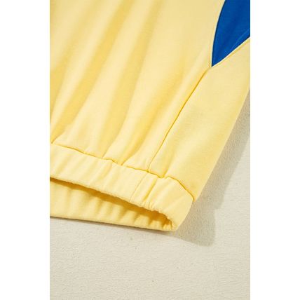 Yellow Color Block Patchwork Half Button Pullover and Shorts 2pcs Outfit