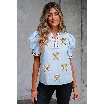 Beau Blue Sequin Baseball Set Contrast Leopard Trim Short Puff Sleeve Blouse