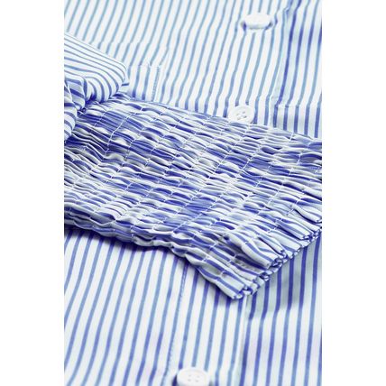 Blue Stripe Smocked Cuffed Striped Boyfriend Shirt with Pocket