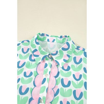 Green Floral Print Notched Neck Scalloped Detail Long Sleeve Mini Dress