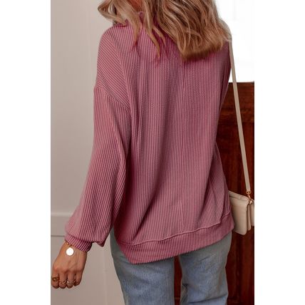 Fiery Red Twisted Rib V Neck Drop Shoulder Loose Sleeve Oversize Top