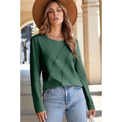 Blackish Green Asymmetric Seam Detail Solid Color Long Sleeve Top