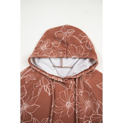 Brown Floral Twisted Rib Drawstring Kangaroo Pocket Hoodie
