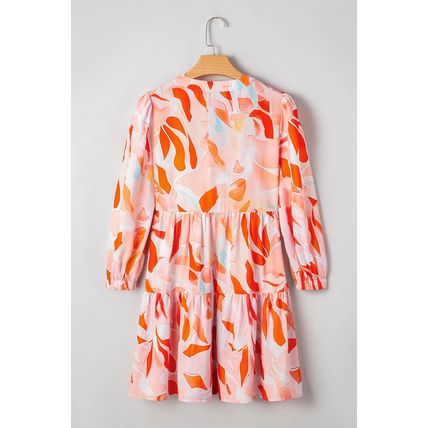 Orange Abstract Print Split Neck Long Sleeve Dress