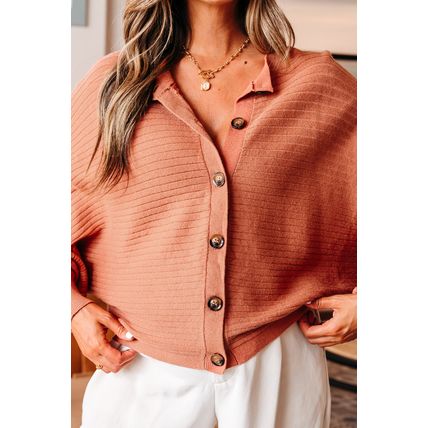 Apricot Pink Wide Rib Knit Button Front Dolman Sleeve Sweater Cardigan