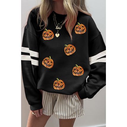 Black Halloween Pumpkin Face Sequin Patched Oversize Varsity Sweatshirt