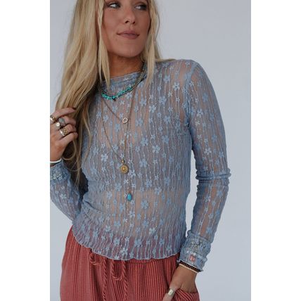 Ashleigh Blue Sheer Floral Lace Long Sleeve Slim Fit Top