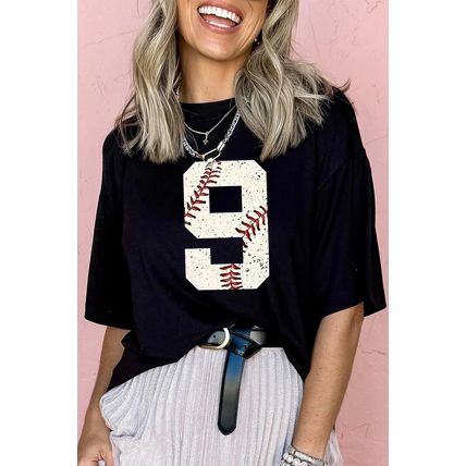 Black Number 9 Distressed Baseball Pattern Oversize Tee