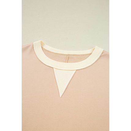 Light French Beige Color Block Textured Patchwork Pullover Sweatshirt