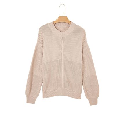 Parchment Mixed Texture Patchwork Knitted Puff Sleeve Sweater