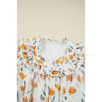 Yellow Floral Print Tie Neck Frilled Detail Long Sleeve Mini Dress