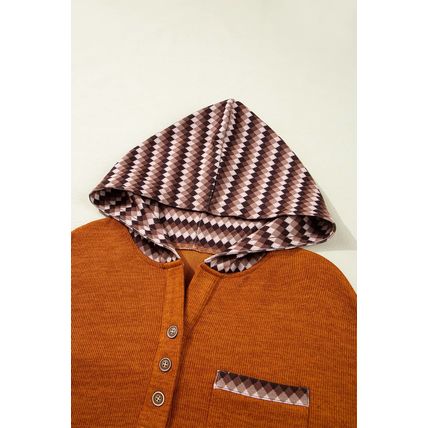 Straw Yellow Contrast Plaid Hood Patchwork Chest Pocket Henley Top