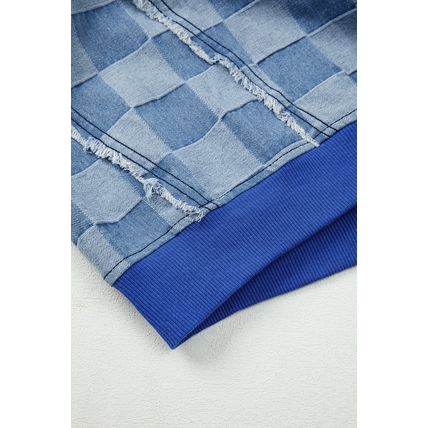 Sky Blue Checkerboard Splicing Raw Detail Oversized Denim Pullover