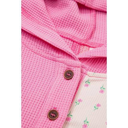 Pink Mixed Texture Waffle Floral Patchwork Hooded Oversize Pullover