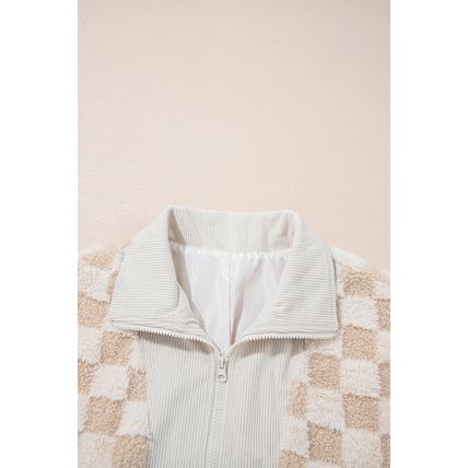 Khaki Checker Sherpa Corduroy Patchwork Zip up Collared Jacket