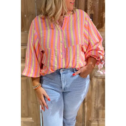 Pink Stripe Crinkled Half Buttons V Neck Plus Size Blouse