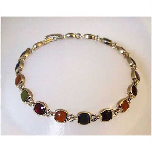Bracelet #71 gold tone metal colorful stone chain link 7 inch costume jewelry