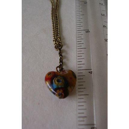 Vintage Necklace Millefiori Murano Glass Small Heart Pendant Chain Push-in Clasp