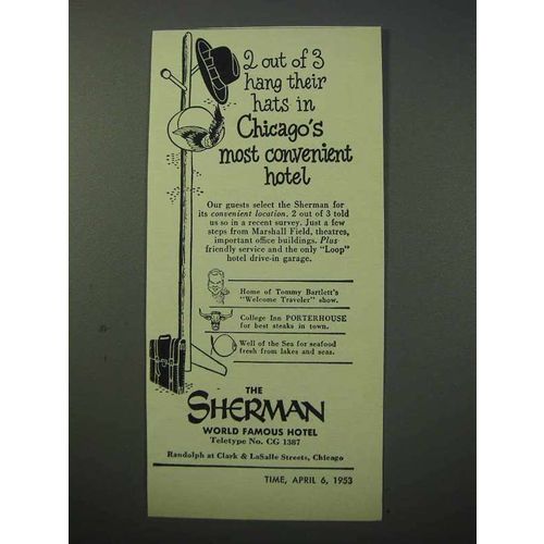 1953 The Sherman Hotel Ad - Chicago's Most Convenient