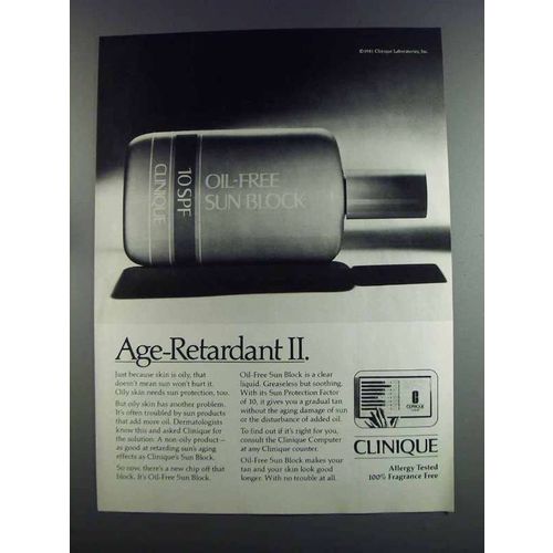 1982 Clinique Oil-Free Sun Block Ad - Age-Retardant II