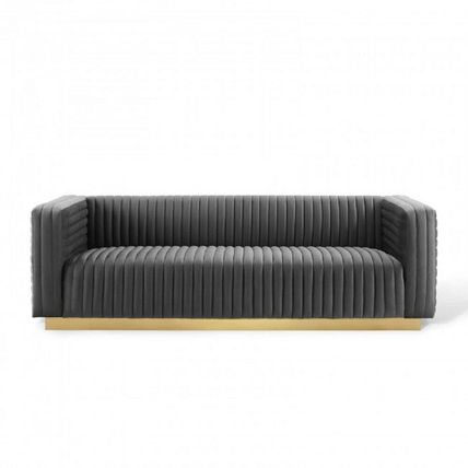 Velvet Sofa Couch Channel Tufted Vintage Glamour Gold Base Maroon Blue White Gry