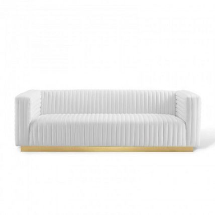Velvet Sofa Couch Channel Tufted Vintage Glamour Gold Base Maroon Blue White Gry
