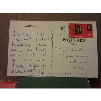 SUNSET, BARBADOS, WEST INDIES used postcard 1965 ANGEL FISH stamp =