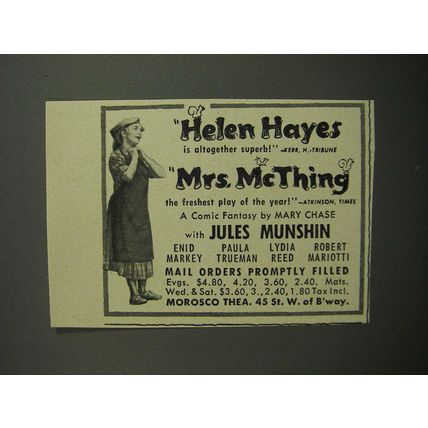 1952 Mrs. McThing Play Ad - Helen Hayes is altogether superb! - Kerr H. Tribune