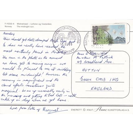 Midnight Sun Norway Postcard posted 1986 Nordkapp cancel VGC