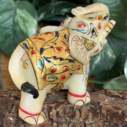 Marble Elephant Statue Trunk Up Hand Painted Indian Art home Decor Sculpture 3"