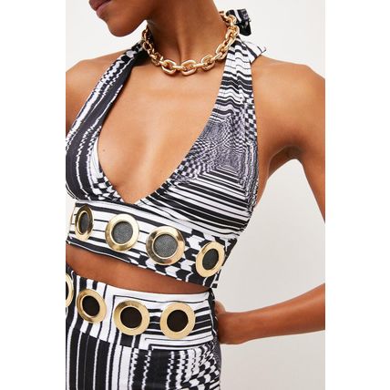 KAREN MILLEN Eyelet Trim Plunge Neck Graphic Bikini Top and Bottom Set BNWT