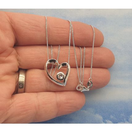 Vintage 925 Sterling Silver and Cubic Ziconia Heart Slider Pendant Necklace