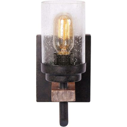 Rustic Wall Light Sconce with Seeded Glass Shade, Vintage Edison Metal Wood Wall