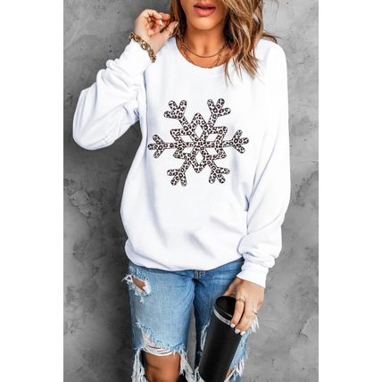 White Leopard Snowflake Pullover Sweatshirt