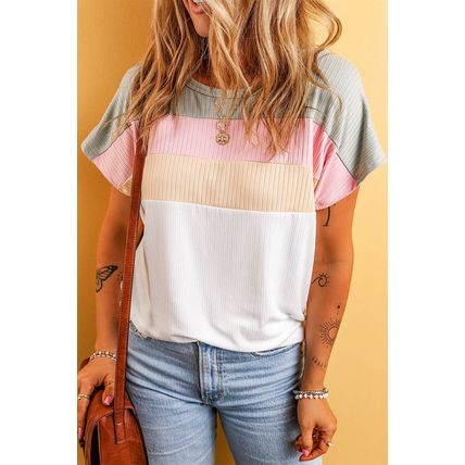 White Ribbed Color Block Patchwork T-shirt