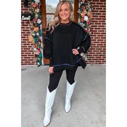 Black Contrast Stitching Split Baggy Sweatshirt