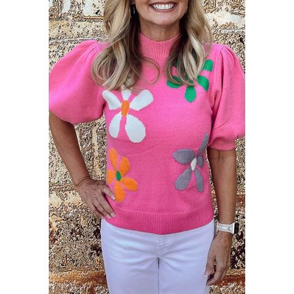 Bright Pink Floral Bubble Short Sleeve Sweater