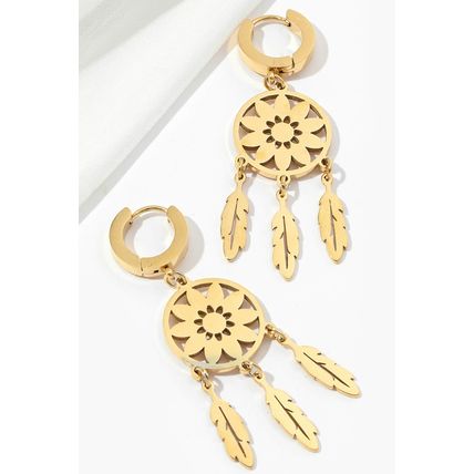 Gold Dream Catcher Feather Fringed Alloy Dangle Earrings