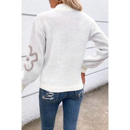 White Contrast Flower Half Zipper Stand Neck Sweater