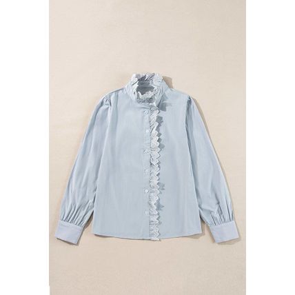 Sky Blue Stripe Frilled Trim Button Up Long Sleeve Shirt